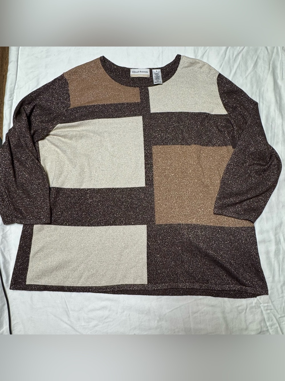 Alfred Dunner 2X Brown, Cream and Tan Metallic Geometric Crewneck 3/4 Sleeve